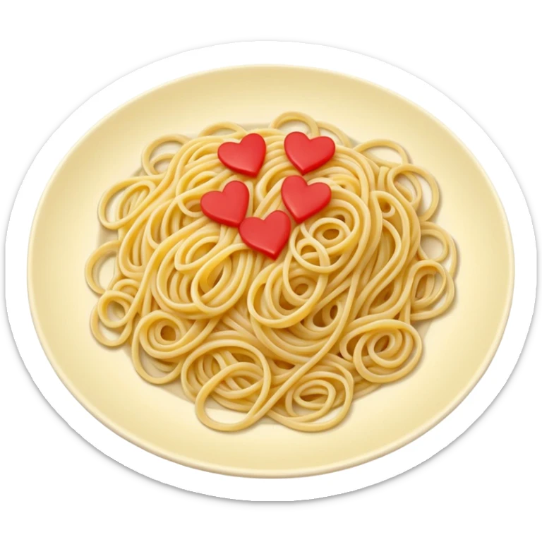 loose tangle of pale yellow cooked spaghetti with soft glossy texture and natural curves, strands slightly twisted and overlapping, freshly prepared dish, no bowl or chopsticks. Add tiny read hearts on the spaghetti sticker