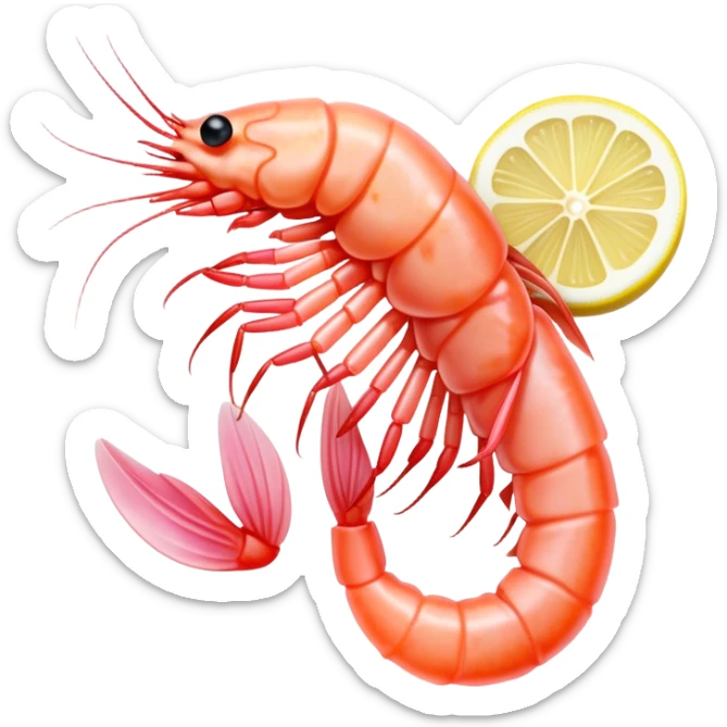 Cinematic glistening shrimp, pink and juicy, slightly curled with a light char, served with lemon wedges, ultra-detailed and fresh, warm glowing background. sticker