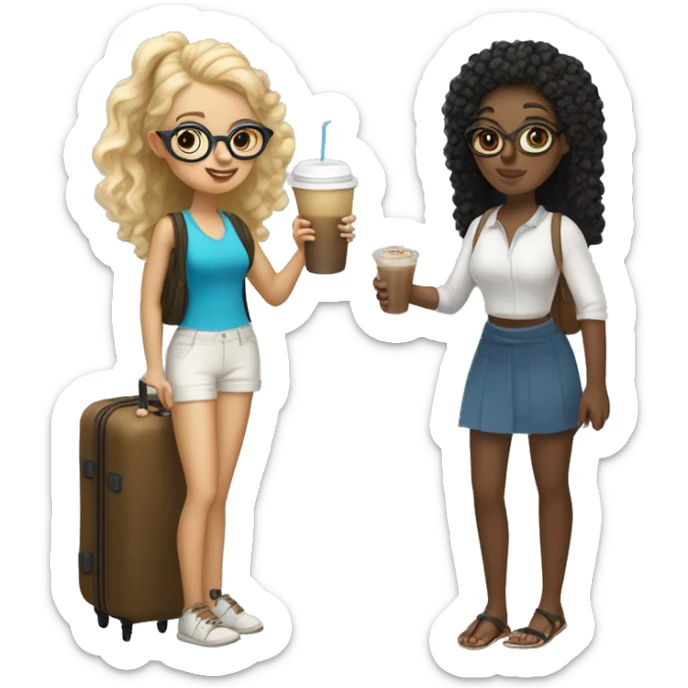 2 girls traveling to Greece, one with blonde curly hair with an iced coffee in her hand, the other with waist black hair in a pony tail with glasses and a suitcase sticker