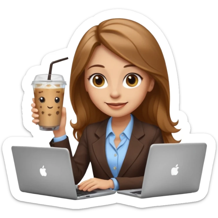 Women in front of laptop with a happy face, long light brown hair, light brown big eyes, light skin with a iced coffee on the side, business attire sticker