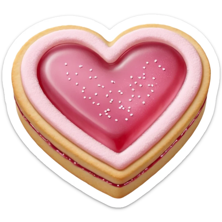 Realistic shortbread cookie in the shape of a heart with pale pink jelly middle filling and sprinkled powder sugar on top. sticker