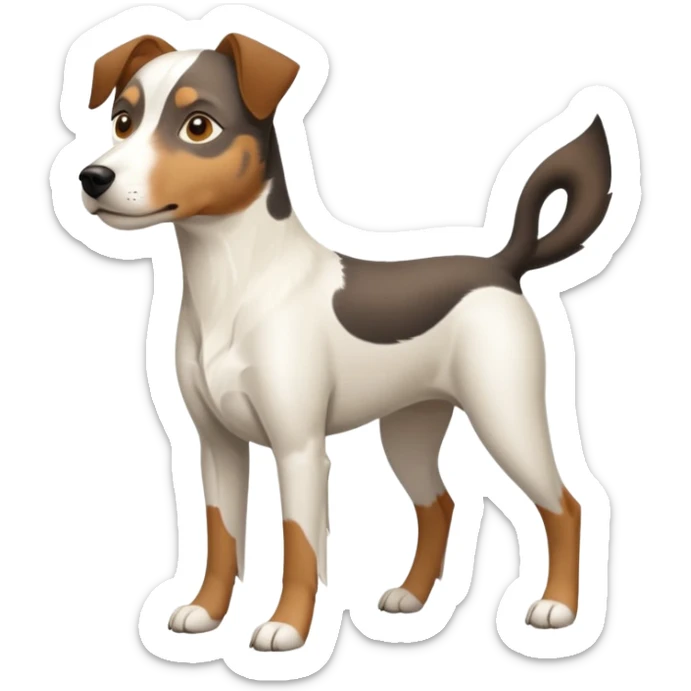 a full body large white parson russell looking dog the size of a kelpie with light brown flapped down ears and a light brown patch on one eye and a large snout sticker