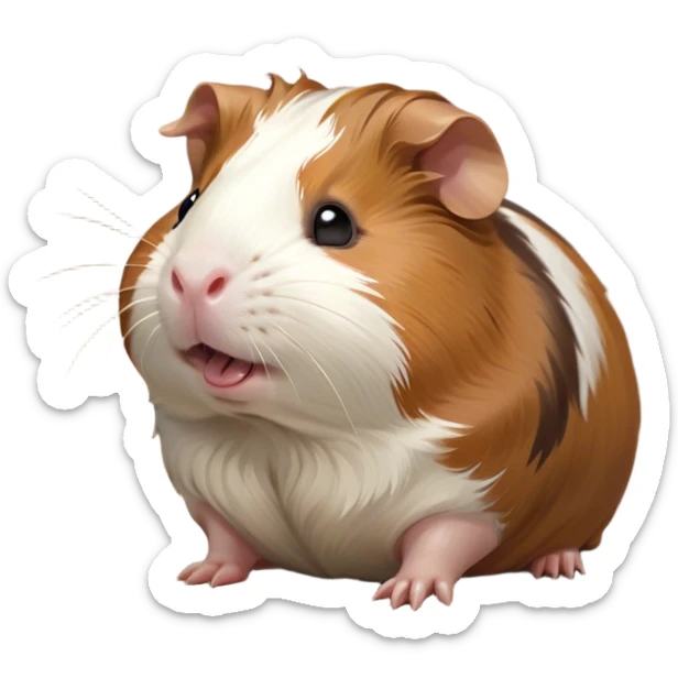 Cinematic Cute Yawning Brown and White Banded Guinea Pig Portrait Emoji, Head tilted slightly with a dramatic, wide-open yawn, revealing a soft, banded coat of brown and white with tiny, droopy ears, round dark eyes barely open in drowsy contentment, Simplified yet irresistibly adorable features, highly detailed, glowing with a soft, cozy glow, high shine, relaxed yet expressive, stylized with a touch of whimsy, bright and endearing, soft glowing outline, capturing the essence of a sleepy yet affectionate guinea pig, so drowsy it feels like it could stretch out of the screen and curl up for a nap! sticker
