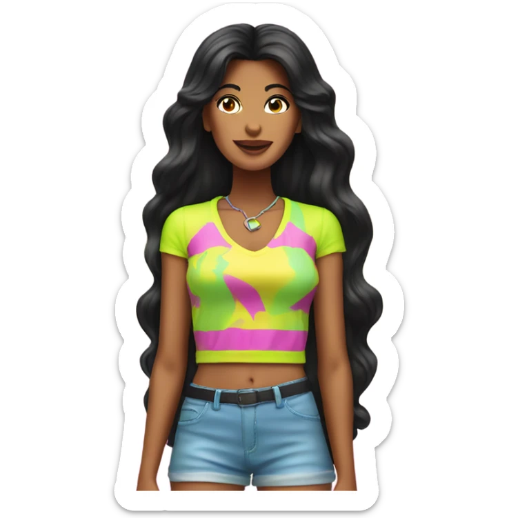 Tanned woman with long black hair wearing 1980s style neon outfit and hair sticker