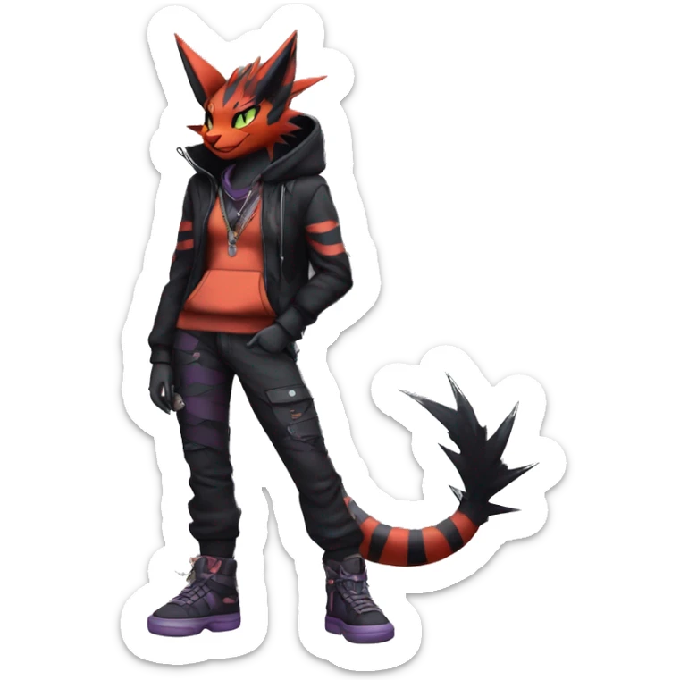 Cool Anthro Noivern-Litten-Vampiric-Pokémon with edgy stripes hoodie spiked collar punk techwear Cargo Pants Full Body sticker