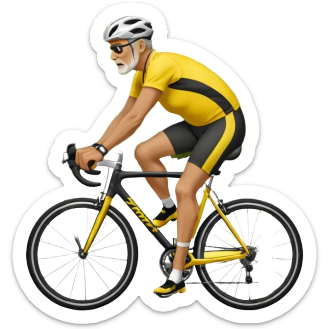 60-year-old man, about 225 lbs, in loose cycling clothes, yellow and black top, straddling grey road bike, graphic design with background as a road with trees sticker