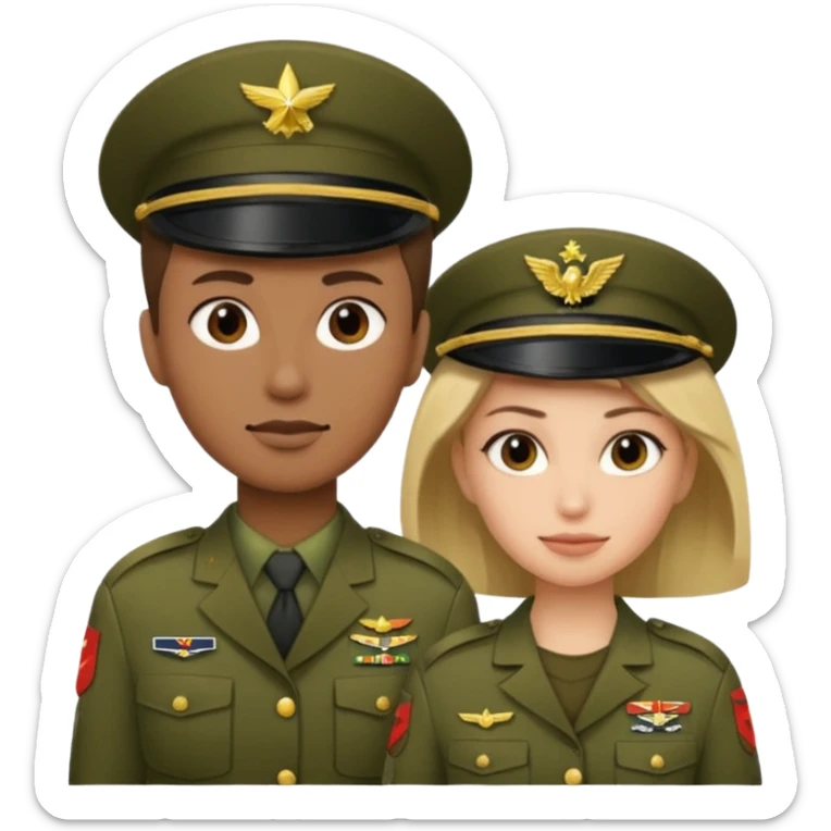 one emoji (female) wearing Army combat uniform and a second emoji (male) wearing the army green service uniform sticker