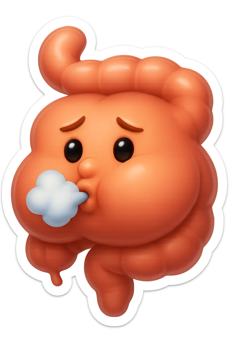 emoji stile iphone di un intestino che ingoia una nuvoletta di aria ben visibile e gli si gonfia la pancia, non fargli il naso, iperrealistico 4k sticker