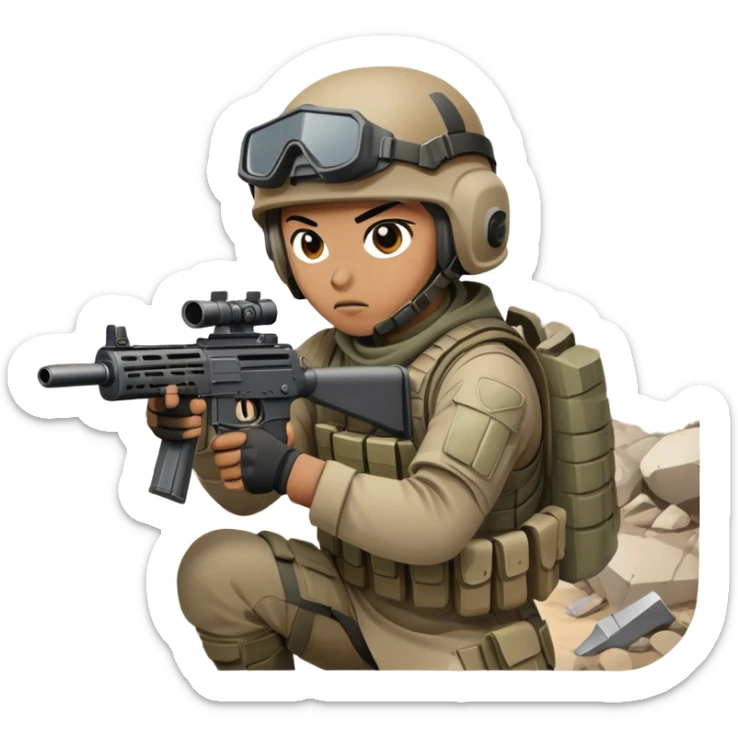 A skilled airsoft player in tactical gear, aiming a gun and shooting metal BBs in a desolate, ruined landscape. The setting is filled with broken walls and debris, creating a tense atmosphere of strategy and precision in a high-stakes tactical environment sticker