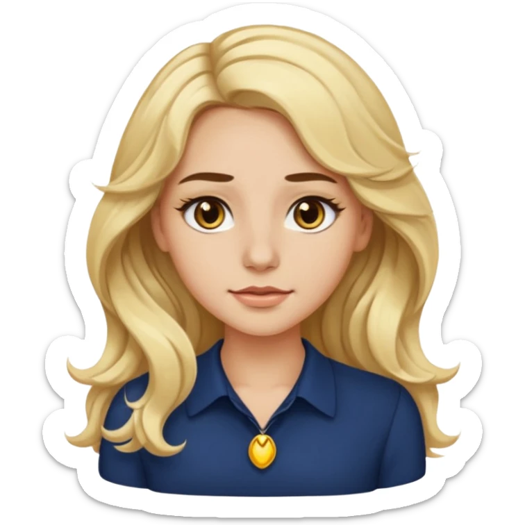 female with long wavy blonde hair, brown eyes, small gold nose stud, black eyeliner, navy blue blouse, emoji style, neutral expression sticker