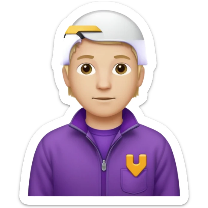 Crea un emoji de un electricista, hombre rubio con pelo corto hacia al lado, sin gafas, con forro polar morada y nombre empresa INDYDES sticker