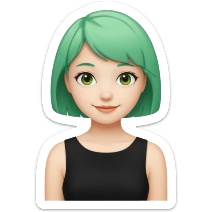 Girl with Mint Bob Cut – short green hair, cheerful smile, black dress sticker