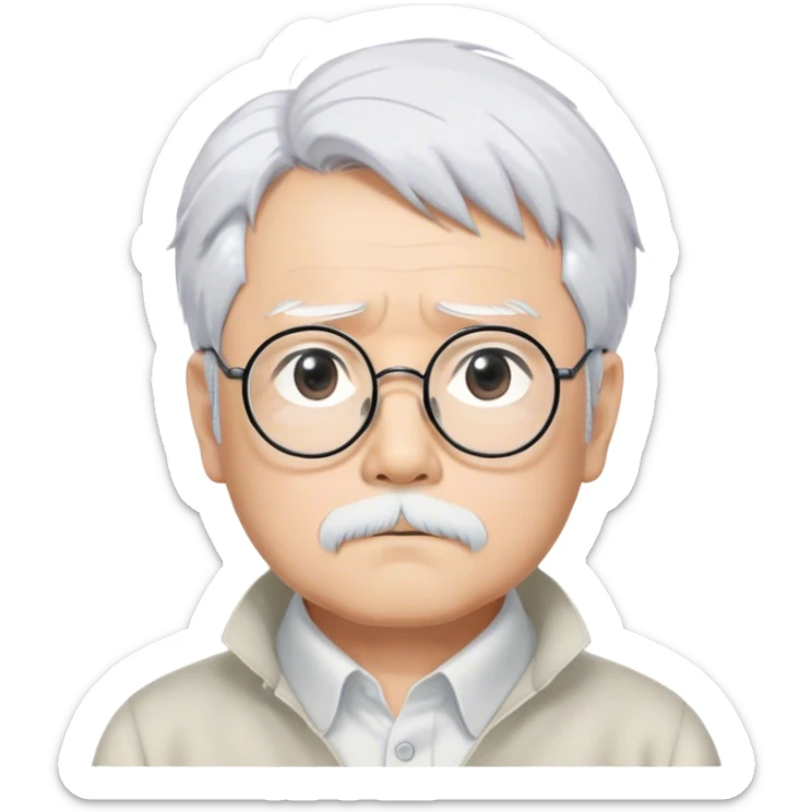 ​Cinematic Realistic Portrait of Hayao Miyazaki, depicted with striking white hair, defined black eyebrows, and large rectangular glasses, his thoughtful expression rendered in lifelike detail against a background of whimsical Studio Ghibli-inspired sketches, illuminated with soft, realistic lighting that emphasizes his creative genius, sticker