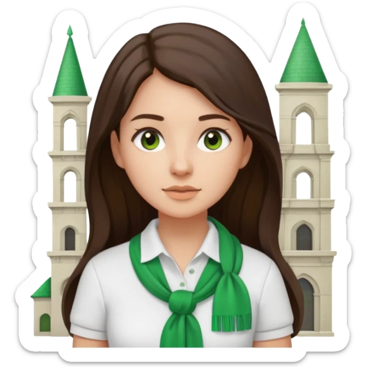 architect woman light skinned dark brown hair in WHITE POLO, long hair but then wearing proper architeture attire green touch of colors sticker