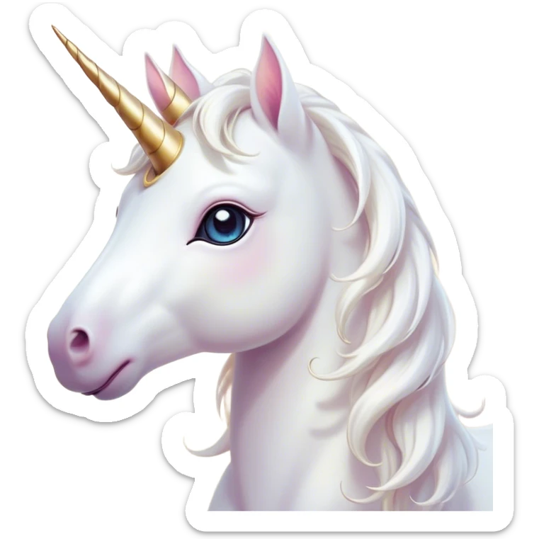 Cinematic Cute White Unicorn Portrait Emoji, Head tilted playfully and inquisitively, featuring a charming, petite form with a silky white color, a delicately flowing mane and tail, and a tiny, sparkling horn, with large, dreamy eyes full of wonder, Simplified yet irresistibly adorable features, highly detailed, glowing with a warm, enchanting glow, high shine, affectionate and lively, stylized with a touch of fairy-tale whimsy, soft glowing outline, capturing the essence of a mischievous yet endearing white unicorn that seems as if it could gallop out of the screen into your heart! sticker