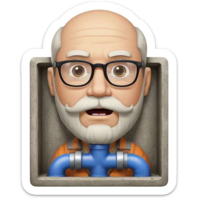 50 year old bearded and moustached white male wearing glasses with an open mouth. His mouth has been cast into a square frame made of concrete connected to a drain pipe. He is proud and thinks his right, while being slightly angry because the joke is on him. sticker