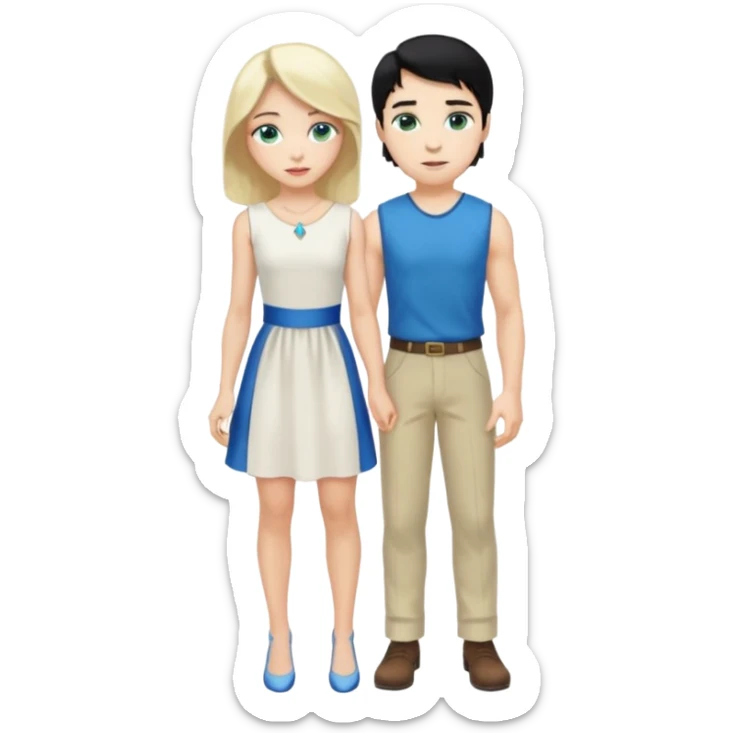 prince, standing upright, black Hair, blue eyes, garment,  woman, bending knee, white sleveless dress, blonde hair, green eyes, sticker