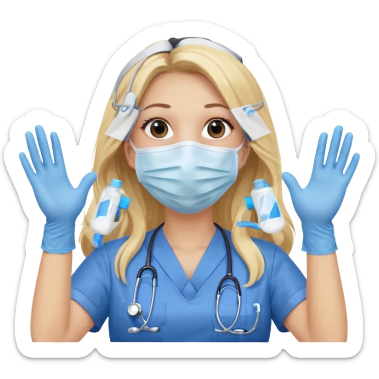 enfermera rubia con pelo largo sin nada en el pelo, con mascarilla y guantes azules las dos manos arriba sticker