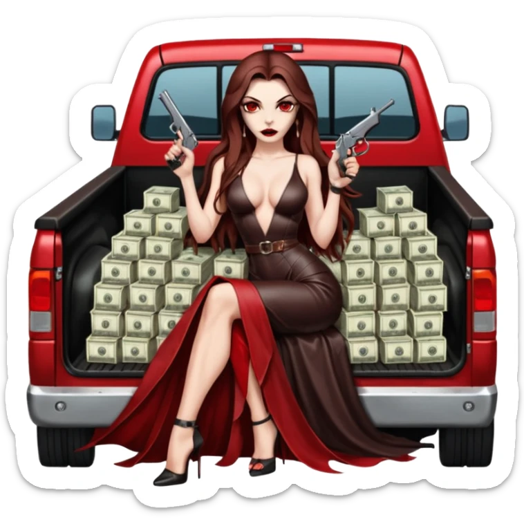 Lilith red eye seductress evil long brown haired sexy succubus woman with leather long dress with slit on, sitting in Big Large F350 pickup truck. Back seat full of stacks of cash, she is  Holding a human skull of her enemies and a gun in other hand sticker