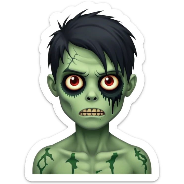 brunette zombie boy with horror green skin and long black messy hair sticker