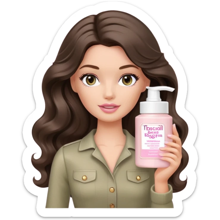 A white Barbie girl with long dark brown wavy hair in pale olive clothes holds Pale pink body moisturizer cream pot  sticker