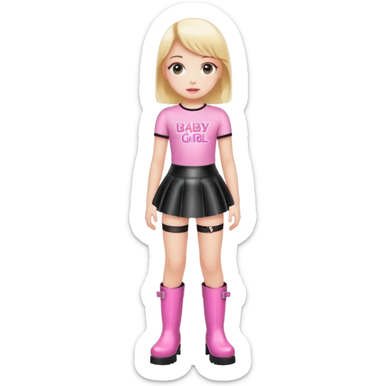 Mini latex skirt and boots and short top with pink inscription “Baby girl” sticker