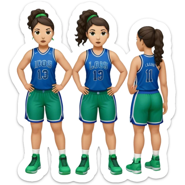 full body plus size light skin latino women basketball player with wavy dark hair in pony tail wide nose wearing blue green  uniform sticker