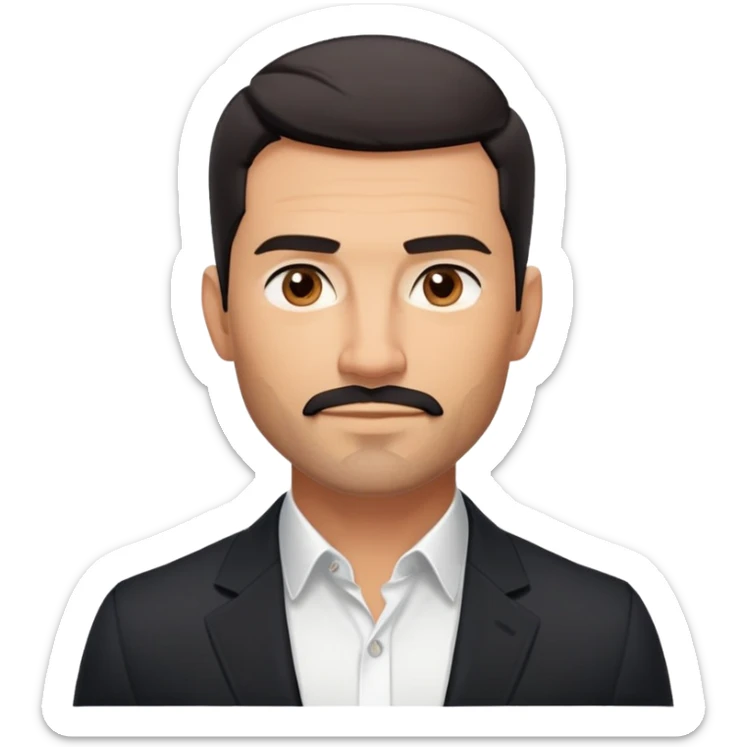 Handsome athletic man in his mid-40s with tan skin, short black hair with clear fade cut, 5 o'clock shadow facial hair, strong square masculine face, warm approachable expression, black blazer worn open, white buttoned shirt with collar unbuttoned, explicitly no tie sticker