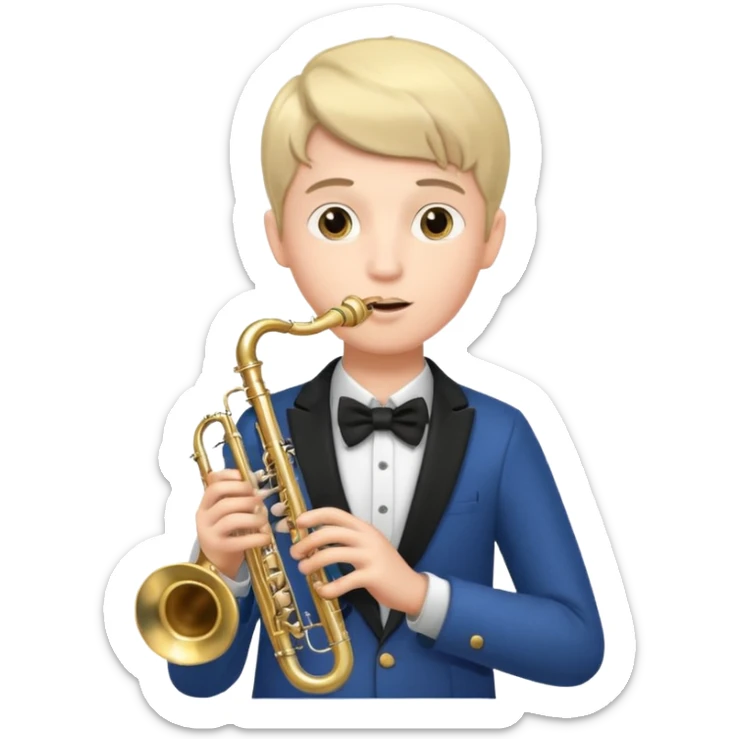 Boy with 4 arms holding a trumpet in one hand and a saxophone in the other sticker
