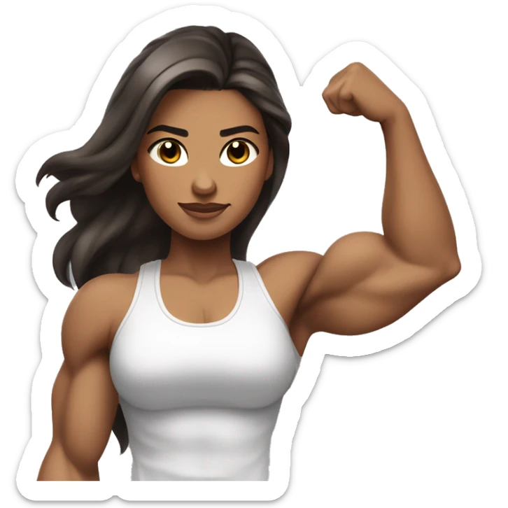 Strong muscle girl brown hair flexing one arm white top; black long hair (with a bit silver highlight & balayage towards the lower end); skin isn’t too tan sticker