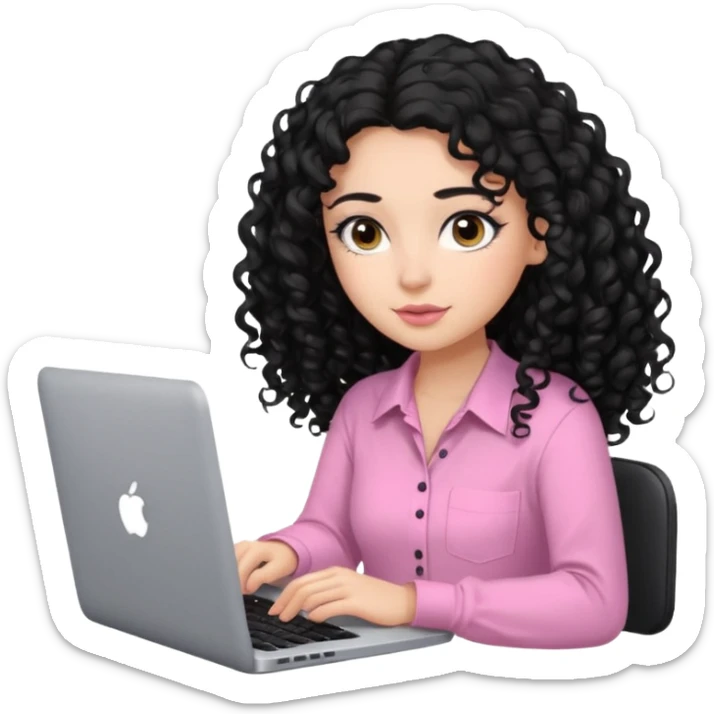a girl typing mac book with long black curly hair and brown eyes with black eyeliner, pink shirt, social media manager sticker