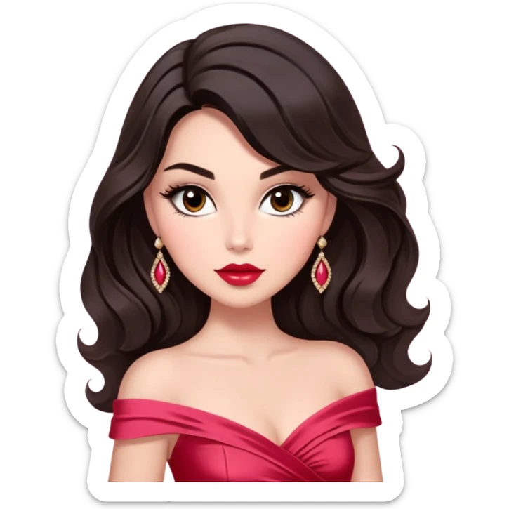 A woman with slightly darker almond-toned skin, voluminous dark hair in waves, expressive eyes with soft lashes and shimmer, full lips with a glossy nude-pink color, wearing a red dress and a white crossbody sash with “Miss San Juan” in black letters, exuding elegance and confidence. sticker