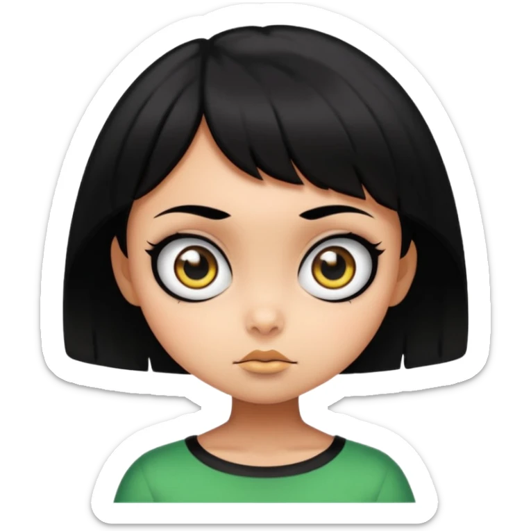 Buttercup, cartoon girl with short black hair and big eyes, inspired by Powerpuff Girls, scary intimidating face, vibrant cartoon style sticker