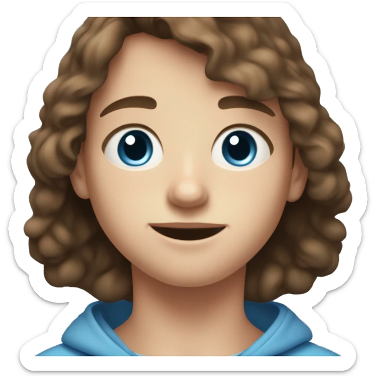 12 year old boy with very short brown hair, light blue eyes, freckles, a blue hoodie en thin l sticker