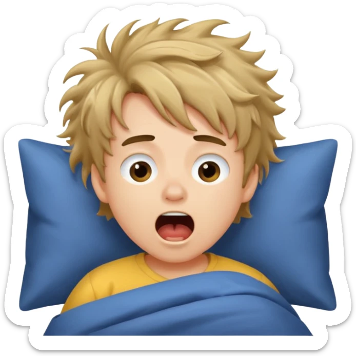 emoji- of a cute boy waking up in bed. He is yawning or rubbing his eyes.  sticker