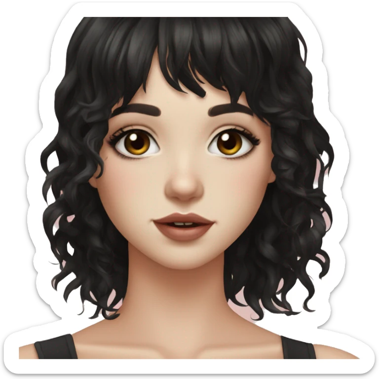 girl pale skin and medium length curly dark black  hair with hair layers, bangs, big hazel eyes, big lips, small nose, nose nostril piercing, three ear piercings sticker