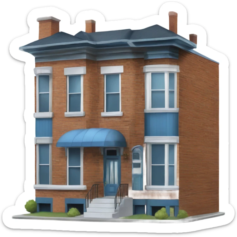 Two story brick row-house with blue tin-clad bay window protruding from the front left and no porch, no front steps sticker