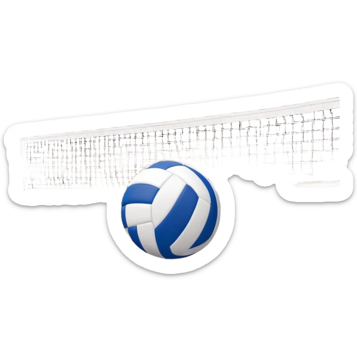 A close-up of a volleyball on the court, with the net in focus and the court markings visible. The background shows the stands filled with spectators, creating an energetic atmosphere of a volleyball match, with attention to detail on the equipment and the surrounding environment. sticker