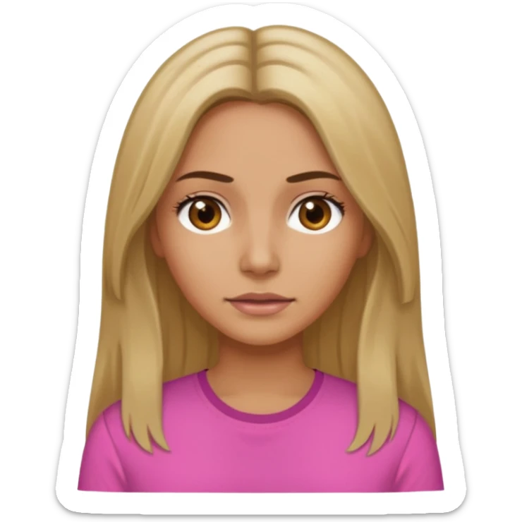 Tan woman with dirty blond hair that is long and she has a middle part and her eyes are brown and she wears a pink shirt  sticker