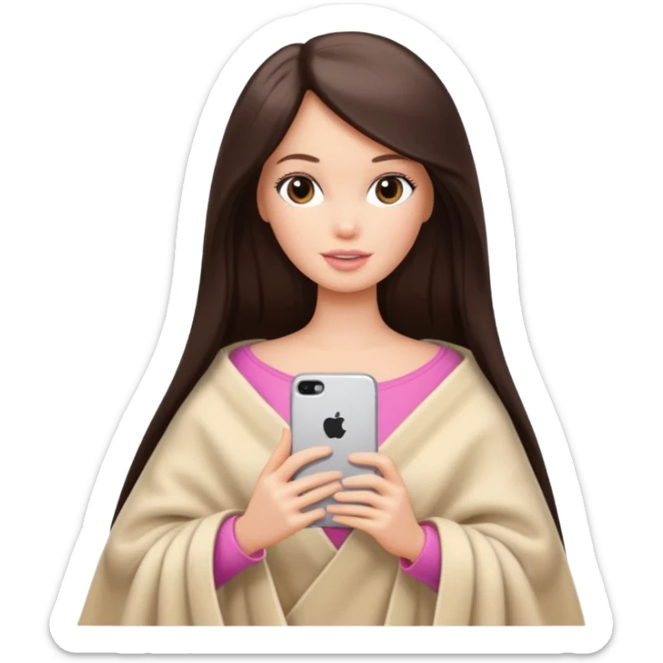 Barbie girl with a long straight dark brown hair inside a pale beige blanket holds an iPhone in her hands sticker