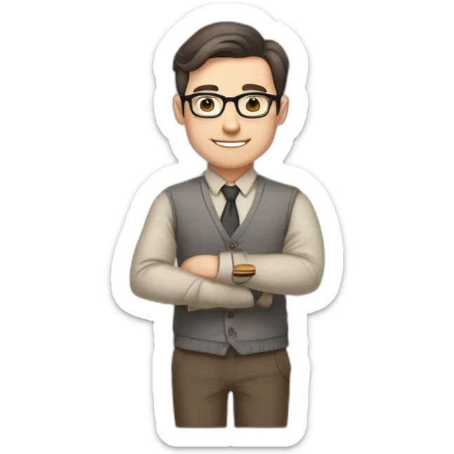Pale skinned fit man teacher with dark brown hair in gray jacket, beige office shirt, brown tie, brown pants and vintage glasses Writing on the marker board sticker