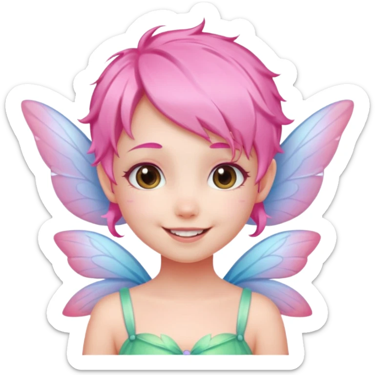 A tiny pastel fairy with pink hair with glowing wings and a sweet smile  sticker