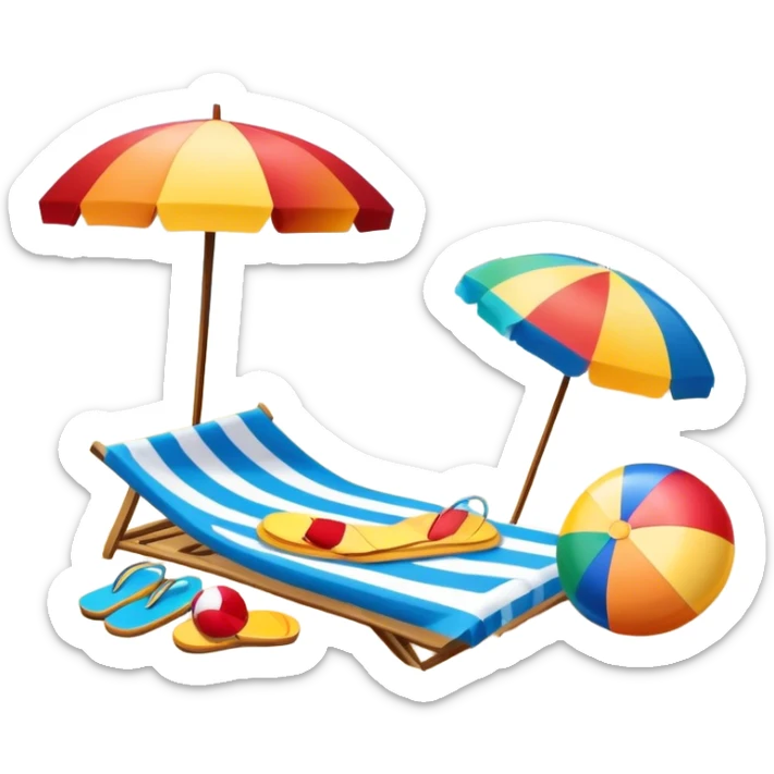 Icon for Beach Tourism: a sandy beach with a beach umbrella, with the ocean landscape in the background, flip-flops, a towel and a beach ball. The icon should capture the relaxation and fun of beach vacations. Transparent background. sticker