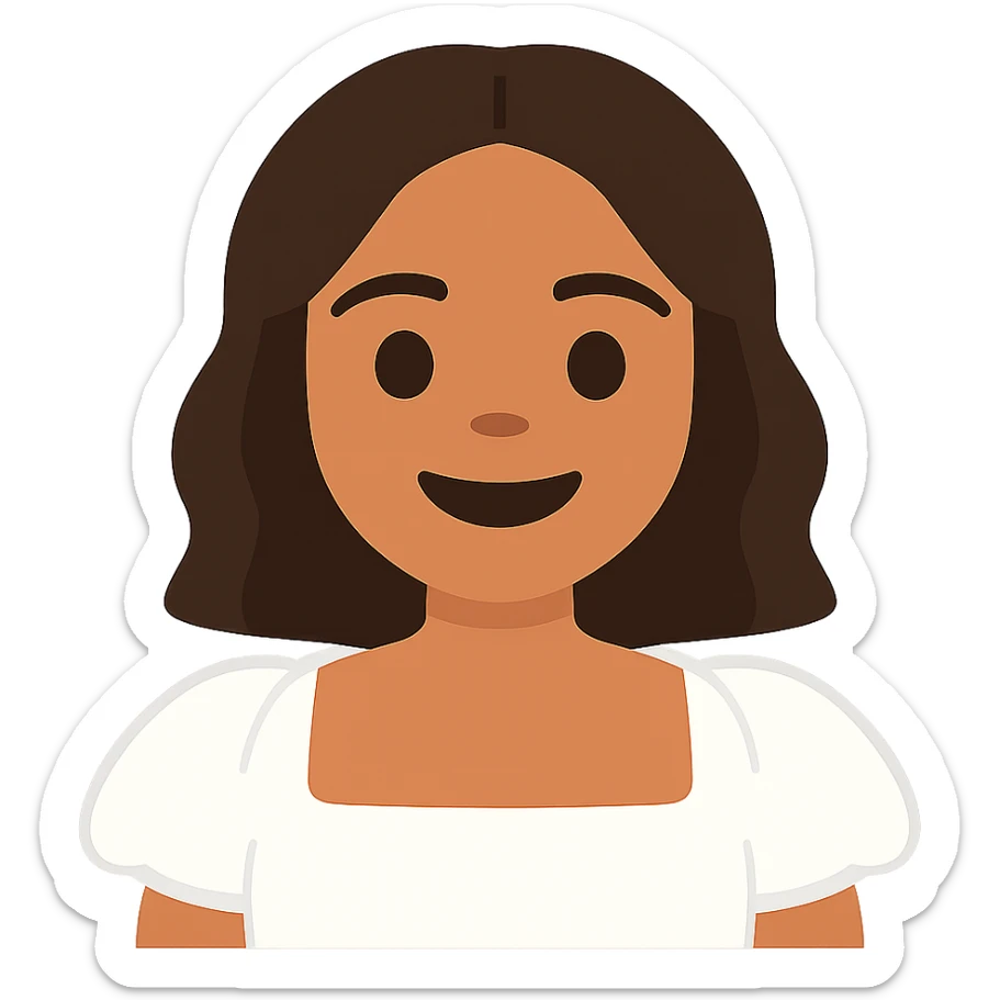Make the emoji portrait look more like the woman in the reference image: match her facial features, hairstyle, and skin tone. Keep the white dress and smiling expression. Render in a simple emoji style with a transparent background. sticker