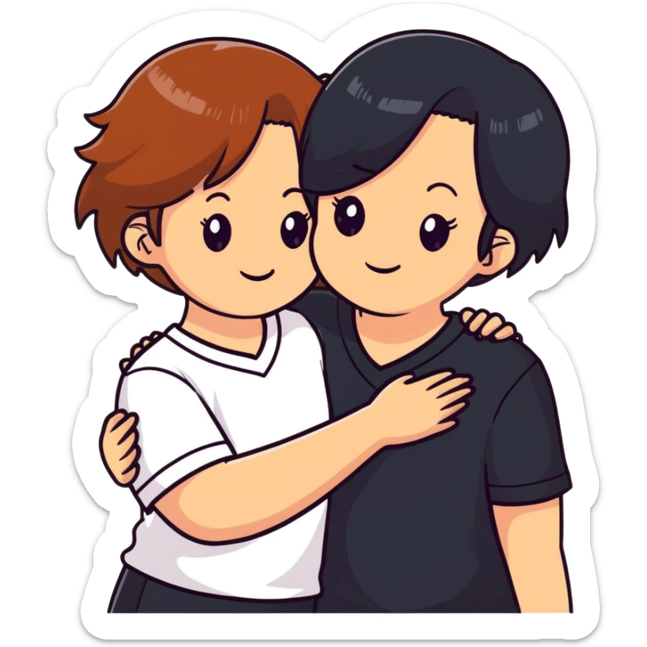 Two girls with light skin, one with chestnut hair and one with black hair, wearing white V-neck shirts, hugging warmly with gentle smiles sticker