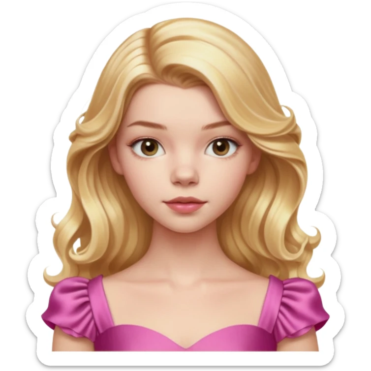 Cinematic Realistic Anya Taylor Joy Portrait, depicted with lifelike skin texture, subtle rosy undertones, and soft natural lighting that enhances the gentle contours of her face. Her intricately detailed golden blonde hair is elegantly wavy, and pink dress corquette sticker