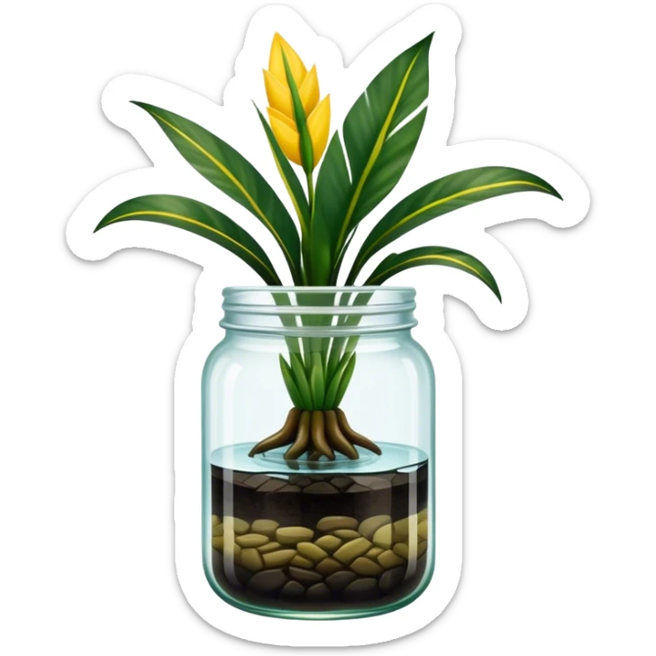 Snake plant with only straight-up dark green leave and yellow top-edges, no background, containe in a glass jar with water up to the middle sticker