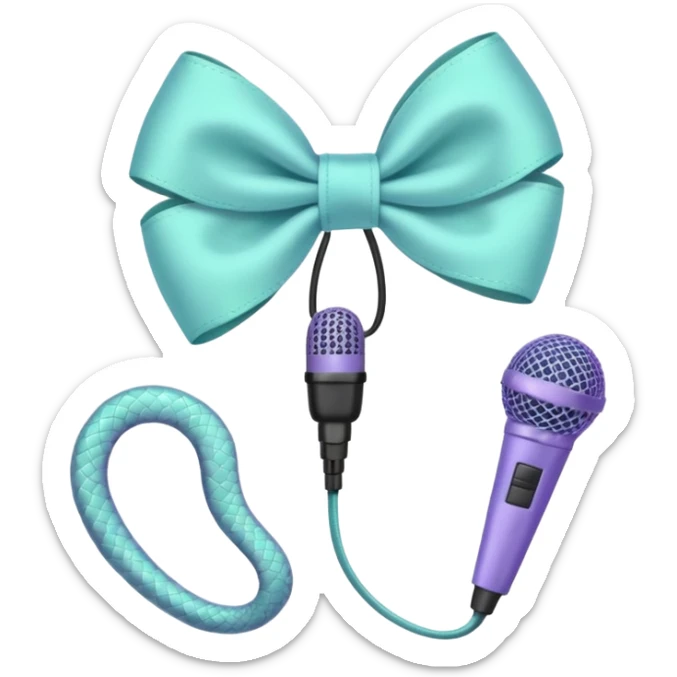 A pastel blue bow with a pastel a pastel green snake at the top of one side and a pastel purple microphone on the bottom of the other side of the bow sticker