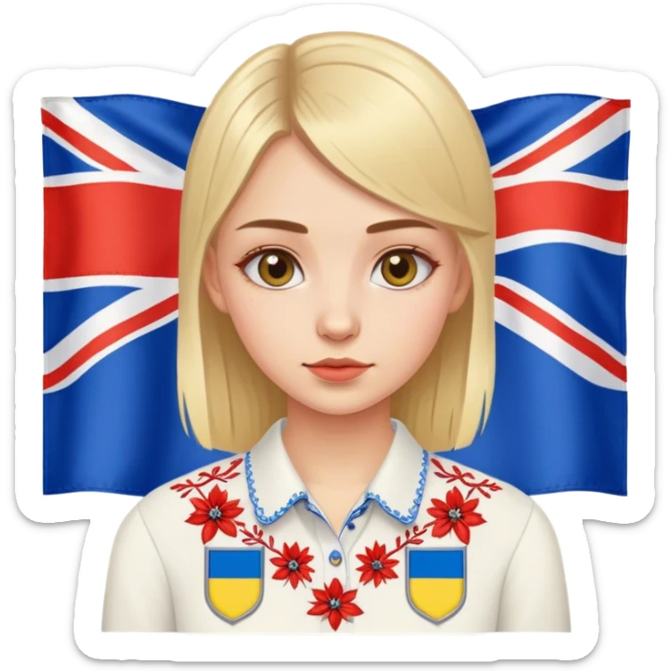 Ukrainian girl in an embroidered shirt against the background of the British flag sticker