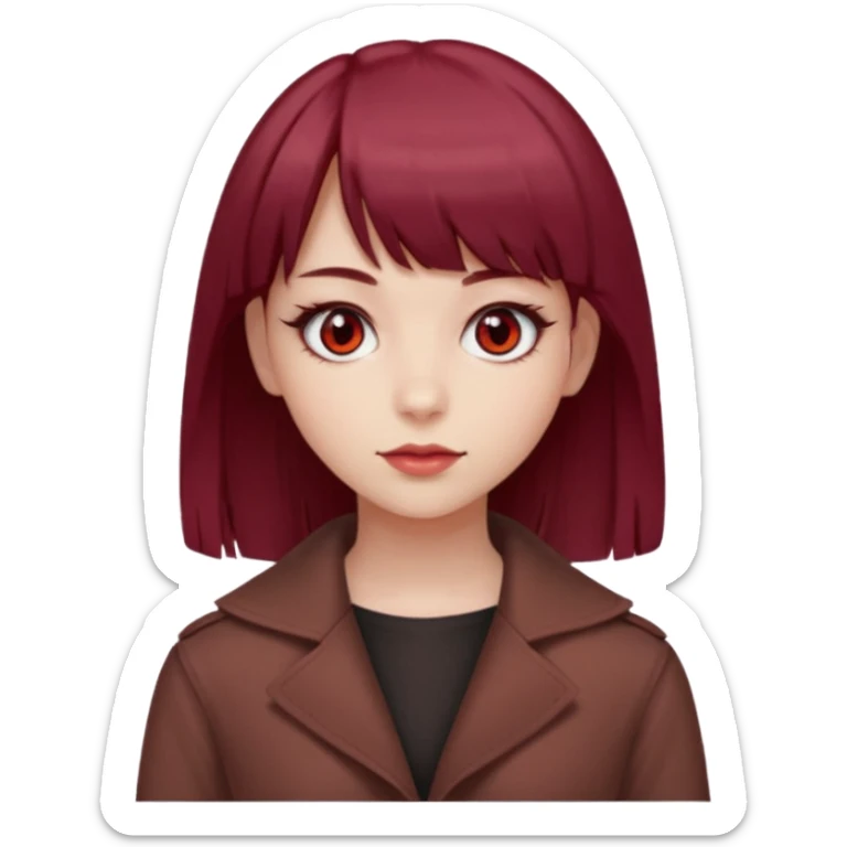 beautiful girl with maroon medium hair, straight bangs and red bando, red eyes and brown clothes sticker